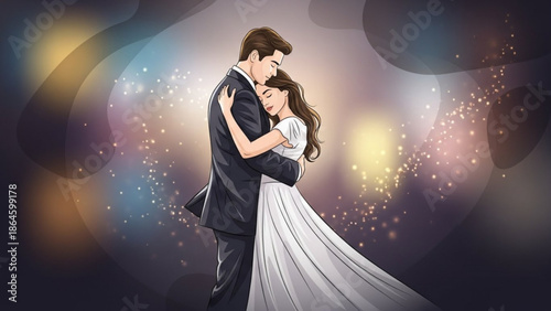 An elegantly illustrated wedding couple shares a tender, loving embrace under sparkling, ethereal lights.