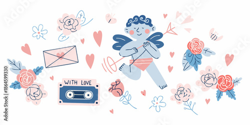 A charming illustration of a cupid roses hearts and vintage love elements