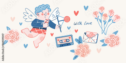 A charming cupid illustration with roses hearts and vintage love symbols