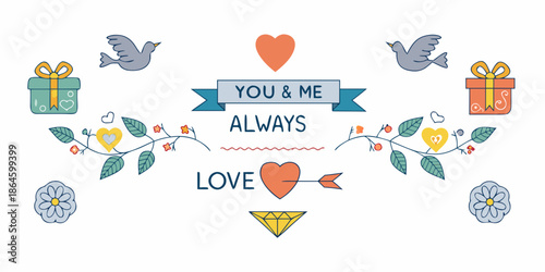 A romantic illustration featuring hearts birds and gifts with a love message