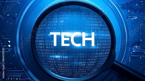 Magnifying glass focused on the word TECH with digital binary code background.
