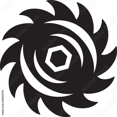 Black and white spiral design element on transparent background swirl vortex whirlpool abstract hexagon shape icon graphic transparency curved lines geometric pattern minimalist simple stylized