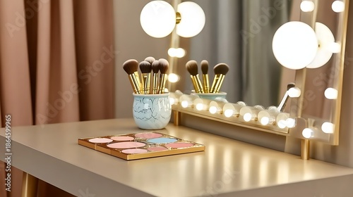 well-lit vanity table with makeup brushes, lipstick, mirrors, glass bowl, marble countertop, warm lighting, minimalistic, nordic style, aesthetic, cozy, clean, elegant
