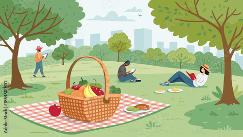 Digital detox illustration of picnic setup in park with basket fruits and faceless people