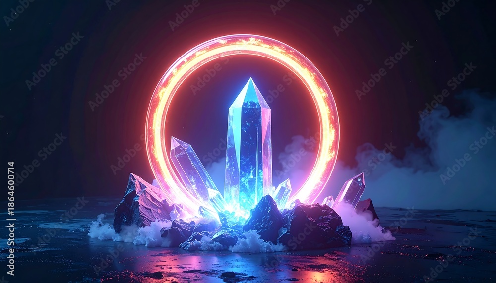 Fototapeta premium Glowing crystal formation with neon ring against dark moody backdrop
