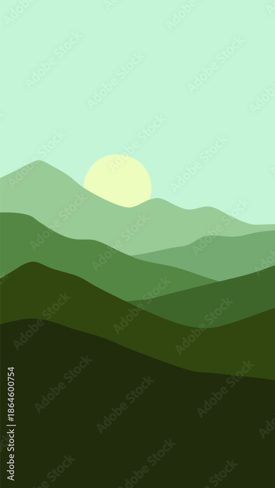 Obraz premium Serene Green Mountain Layers in Sunset Vector Illustration for Nature and Landscape Art