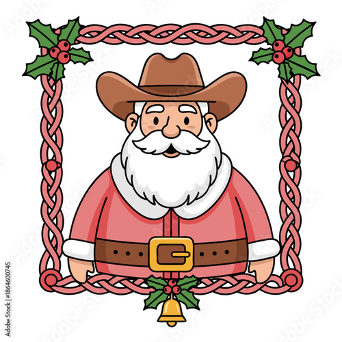 Vector illustration of a jolly Santa Claus in a cowboy hat, wearing a pink suit, framed by holly and a decorative border, festive holiday character