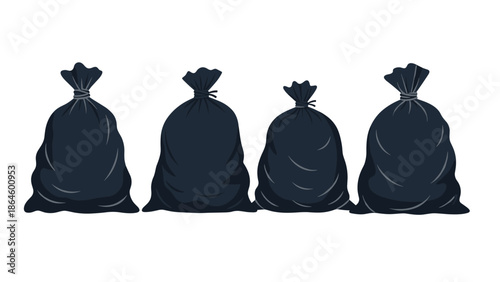 Sequence of four full black plastic trash bags standing in a row, each securely tied at the top against a white background.