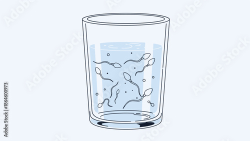 Conceptual illustration of a clear drinking glass filled with water and many microscopic swimming human sperm cells.