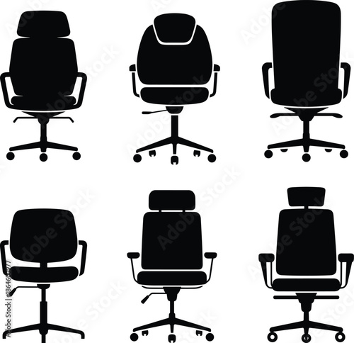 Set of executive office chair silhouettes for ergonomic workspace interior design icons isolated on white background for business professional furniture collection