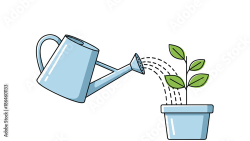 Simple illustration of a blue watering can providing a stream of water to a small green leafy plant in a matching pot.