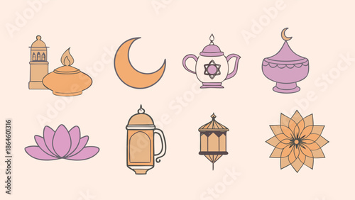 A Collection of elements of crescent moon, star, candle, Koran book, mosque, flowers, teapot, windows, lanterns.