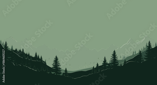 Serene mountain landscape with pine trees in muted green tones
