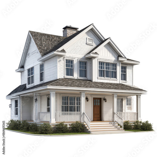 Elegant white two story farmhouse with wrap around porch and stone chimney home residential, Isolated On White, Png Transparent, Cut Out
