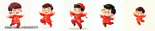 vector of a little boy dancing happily celebrating Chinese New Year