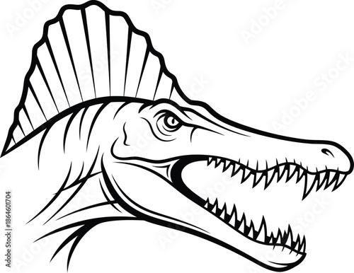 Fierce black and white outline drawing of a spinosaurus dinosaur head displaying massive teeth and a prominent dorsal sail illustration