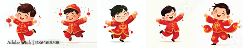 vector of a little boy dancing happily celebrating Chinese New Year