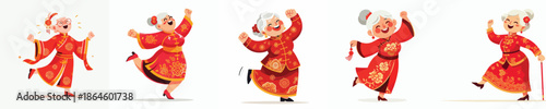 vector of a grandmother dancing happily celebrating Chinese New Year