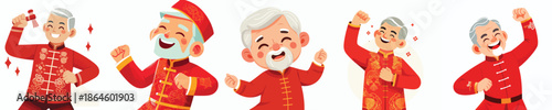 vector half body of a grandfather dancing happily celebrating Chinese New Year