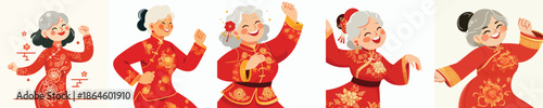 vector half body of a grandmother dancing happily celebrating Chinese New Year