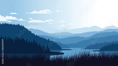 Serene mountain landscape with a calm lake and soft blue hues
