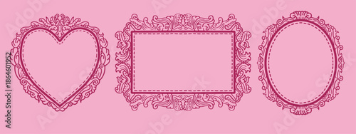 Set of vintage pink ornamental frames in Heart, Rectangle, and Oval shapes vector illustration. Antique ornate elegant decorative elements for invitations, greeting cards, scrapbook, decorative