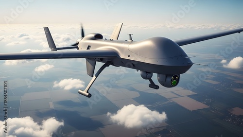 Military drone flying in the sky over clouds and agricultural fields, unmanned aerial vehicle surveillance