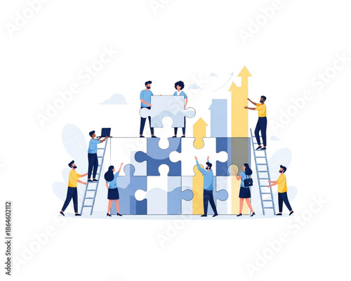 Diverse business team building giant jigsaw puzzle together. Collaboration, teamwork, partnership and corporate strategy concept for success and growth. Vector illustration.