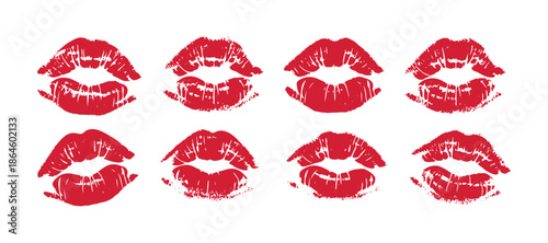 Set of lipstick kiss prints for Valentine's Day and love illustrations. A collection of lip marks featuring a grunge effect. Vector art.