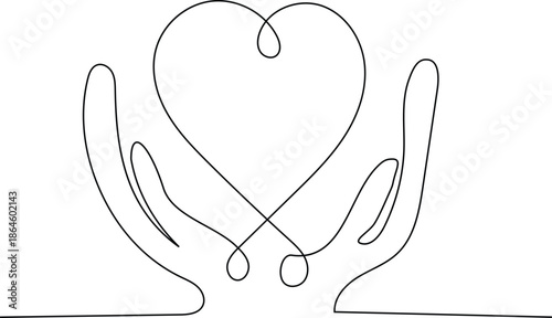 Continuous line art drawing of a heart symbolizing abstract love held in hands vector illustration