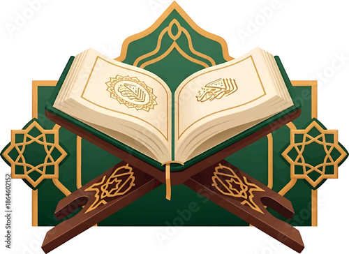 Vector illustration of an open Quran on a traditional wooden stand with green and gold decorations during Ramadan.