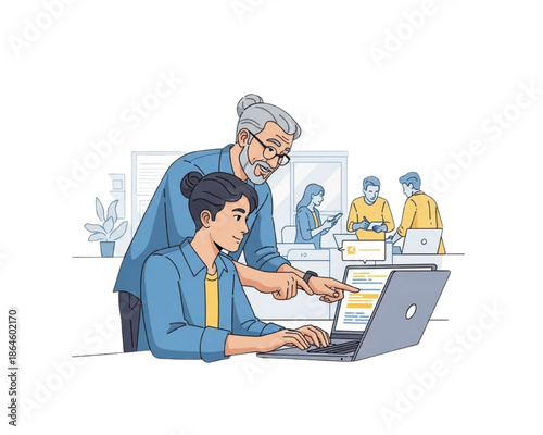 Senior mentor training junior female colleague on laptop. Flat vector of intergenerational diverse business team collaboration, manager helping employee in modern office workspace with computers.