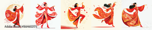 vector of a woman dancing happily celebrating Chinese New Year
