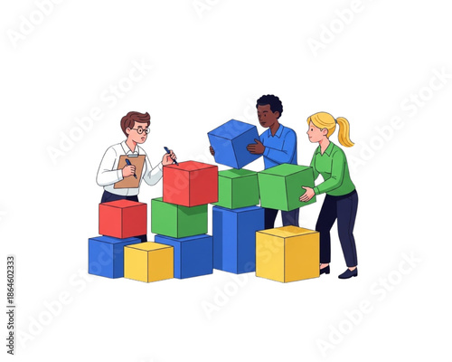 Diverse business team collaborating to build structure with colorful blocks. Project management concept of startup development, strategy, and teamwork with manager supervising. Flat vector.