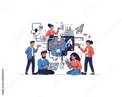 Diverse business team building complex technology system with gears and rocket. Startup development concept where employees collaborate on engineering and innovation. Flat vector illustration.