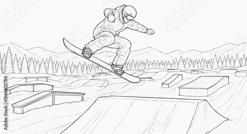 Coloring book for kids - Snowboarder jumping on terrain park features in winter mountains  