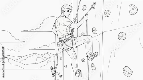 Coloring book for kids - Young man climbing rock wall with safety gear in outdoor setting  