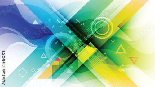 Abstract geometric background with dynamic lines and shapes in vibrant green and blue tones