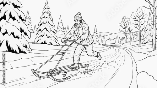  Coloring book for kids - A person riding a kicksled Finnish sleigh along a snowy path 