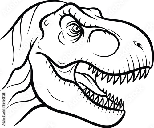 Fierce black and white outline drawing of a roaring tyrannosaurus rex head perfect for coloring pages or graphic design projects needing prehistoric power