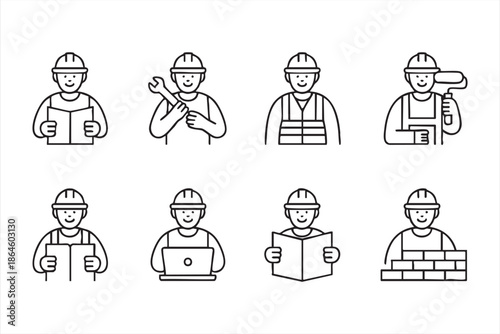 Industrial Labor Line Icons for Construction UI Systems