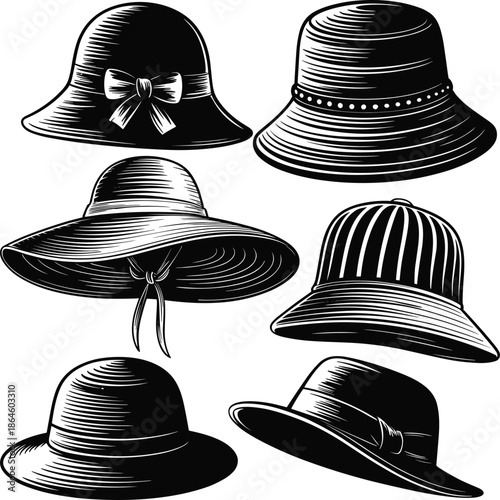 Vintage Engraving Style Ladies Hat Collection, Hand Drawn Black and White Vector Sketches of Classic Summer Sun Hats and Fashionable Headwear
