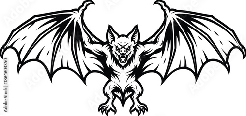 Ferocious black and white stylized bat mascot with wide open wings in a striking aggressive pose perfect for team branding