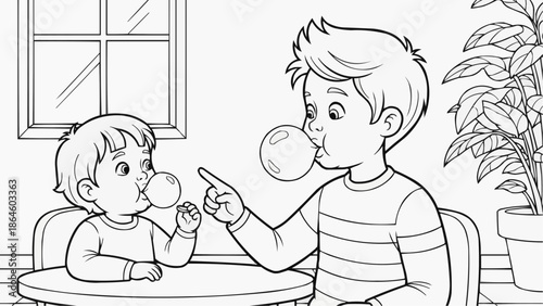 Coloring book for kids - The older brother teaches the younger one to blow bubbles out of chewing gum while sitting at a table indoors 