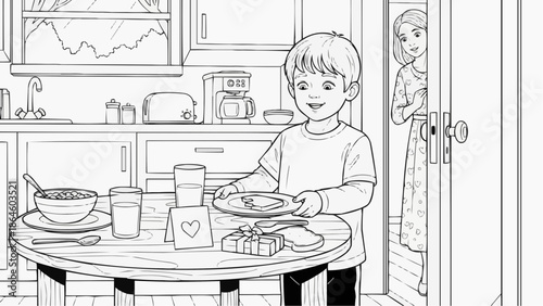 Coloring book for kids - A boy surprises his mom by serving breakfast at the dining table in the family kitchen.  