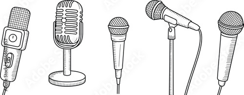 Vintage microphone illustration set, classic audio recording equipment icons, black outline hand drawn vector collection for podcast, music, broadcast design