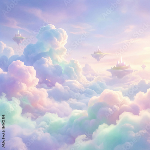 Wallpaper Mural Whimsical fantasy landscape with floating islands and castles in dreamy pastel clouds Torontodigital.ca