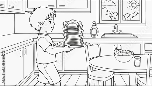 Coloring book for kids - Young boy carrying stack of pancakes in kitchen at home  