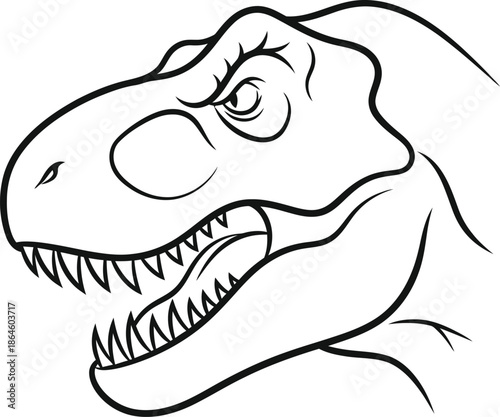 Fierce tyrannosaurus rex head illustration featuring a menacing open mouth and sharp jagged teeth in a simple black outline drawing