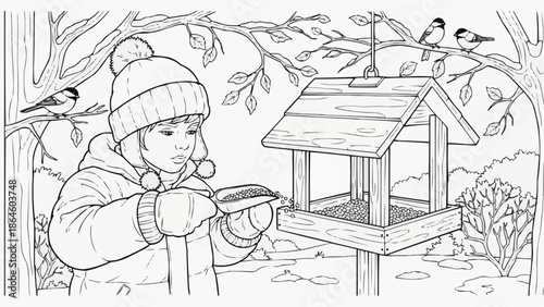 Coloring book for kids - a small child feeds birds in a birdhouse in a winter forest  